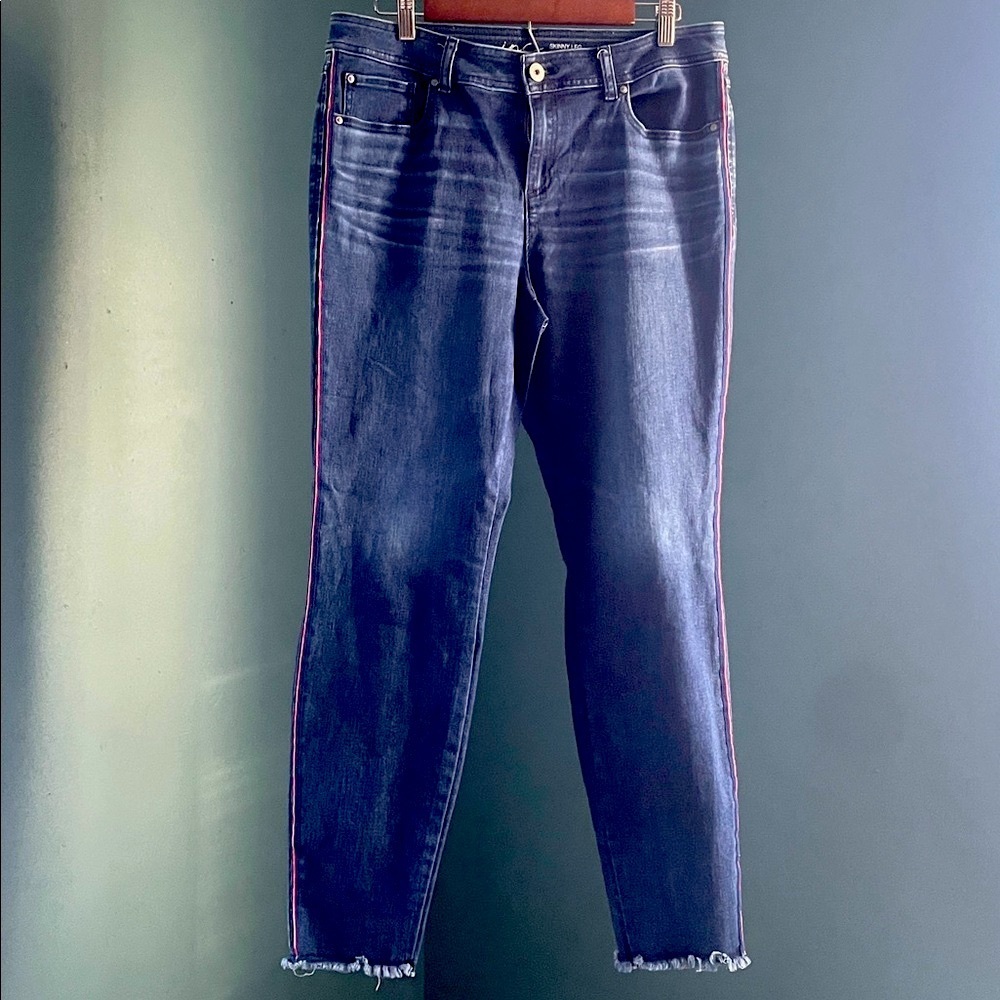 INC Dark Blue Skinny Jeans with ribbon stripes